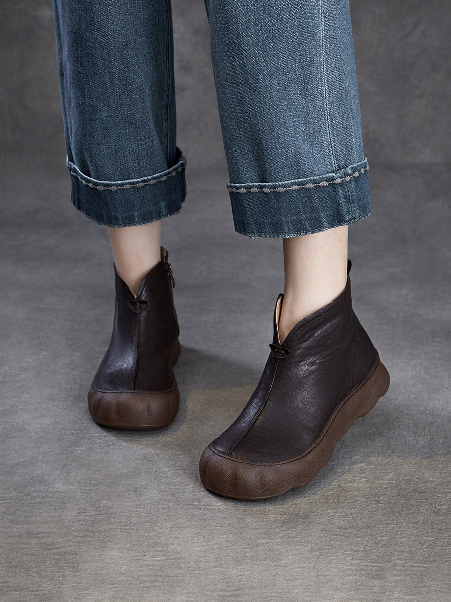 Women Retro Full-Grain Leather Soft Sole V-Cut Casual Ankle Boots