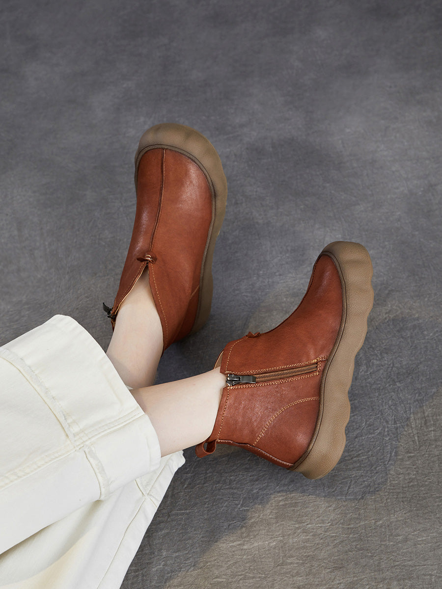Women Retro Full-Grain Leather Soft Sole V-Cut Casual Ankle Boots