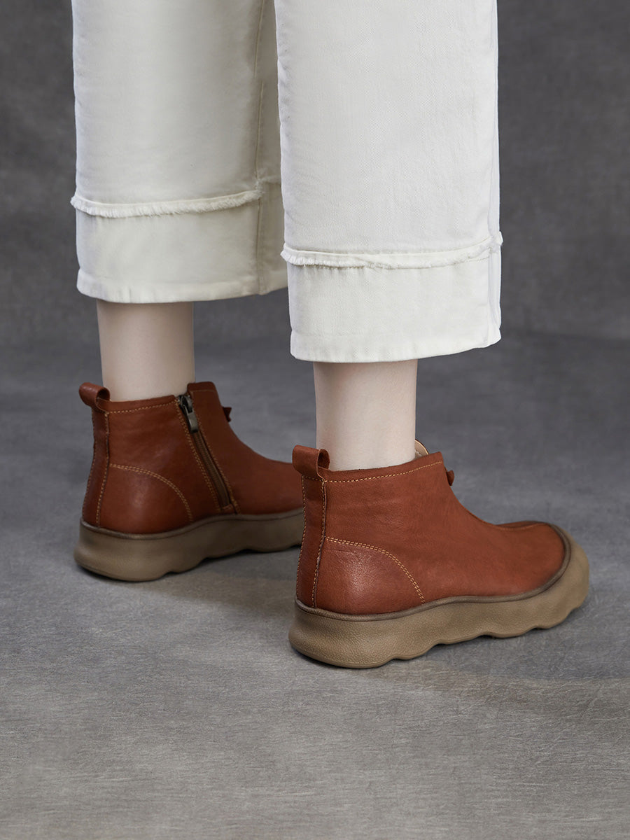 Women Retro Full-Grain Leather Soft Sole V-Cut Casual Ankle Boots