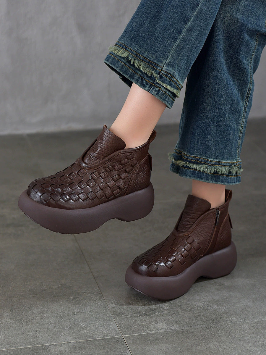 Women Retro Handwoven Platform Ankle Leather Boots