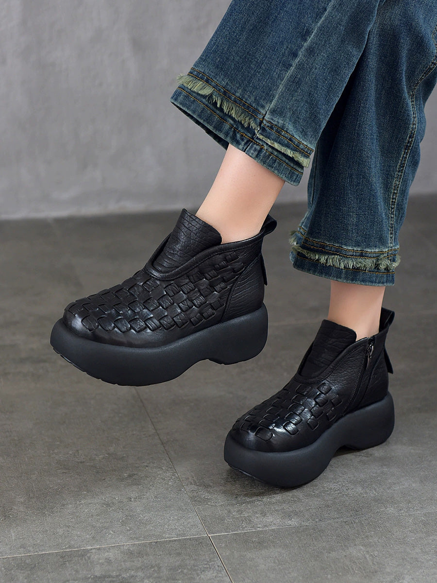 Women Retro Handwoven Platform Ankle Leather Boots