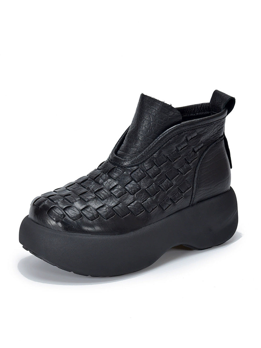 Women Retro Handwoven Platform Ankle Leather Boots
