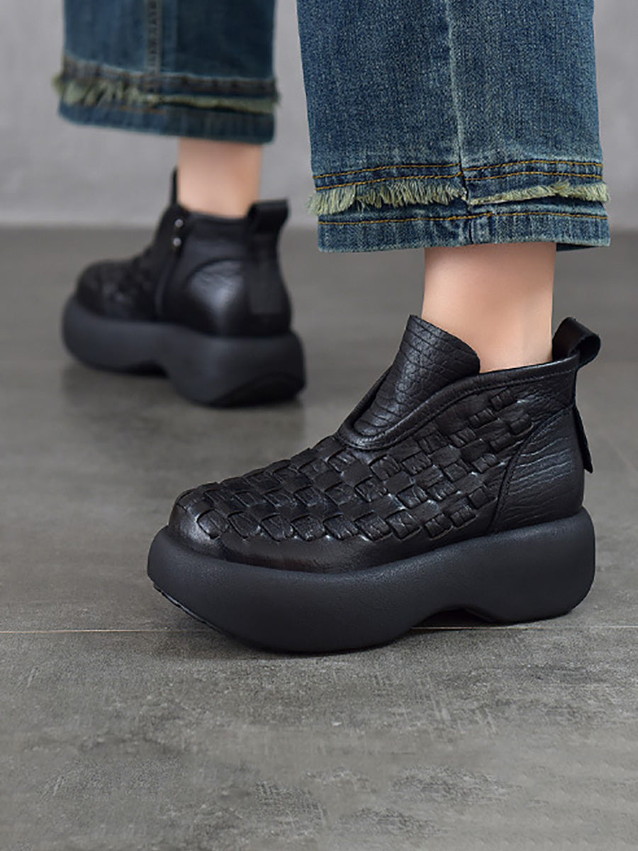 Women Retro Handwoven Platform Ankle Leather Boots
