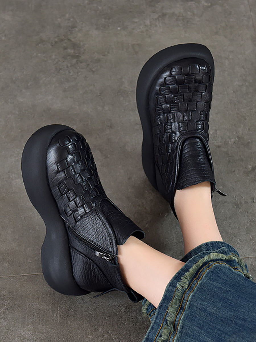 Women Retro Handwoven Platform Ankle Leather Boots