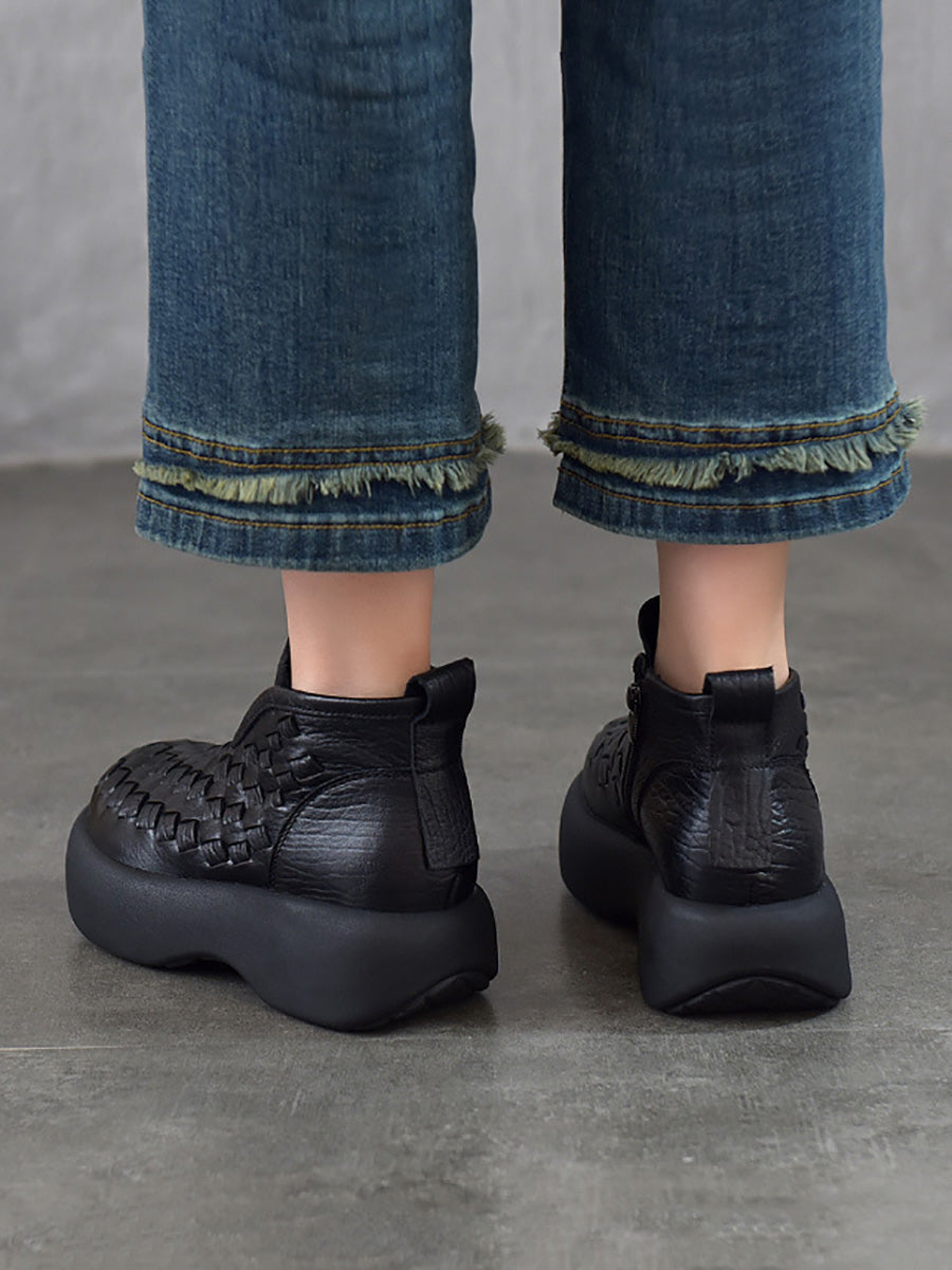 Women Retro Handwoven Platform Ankle Leather Boots