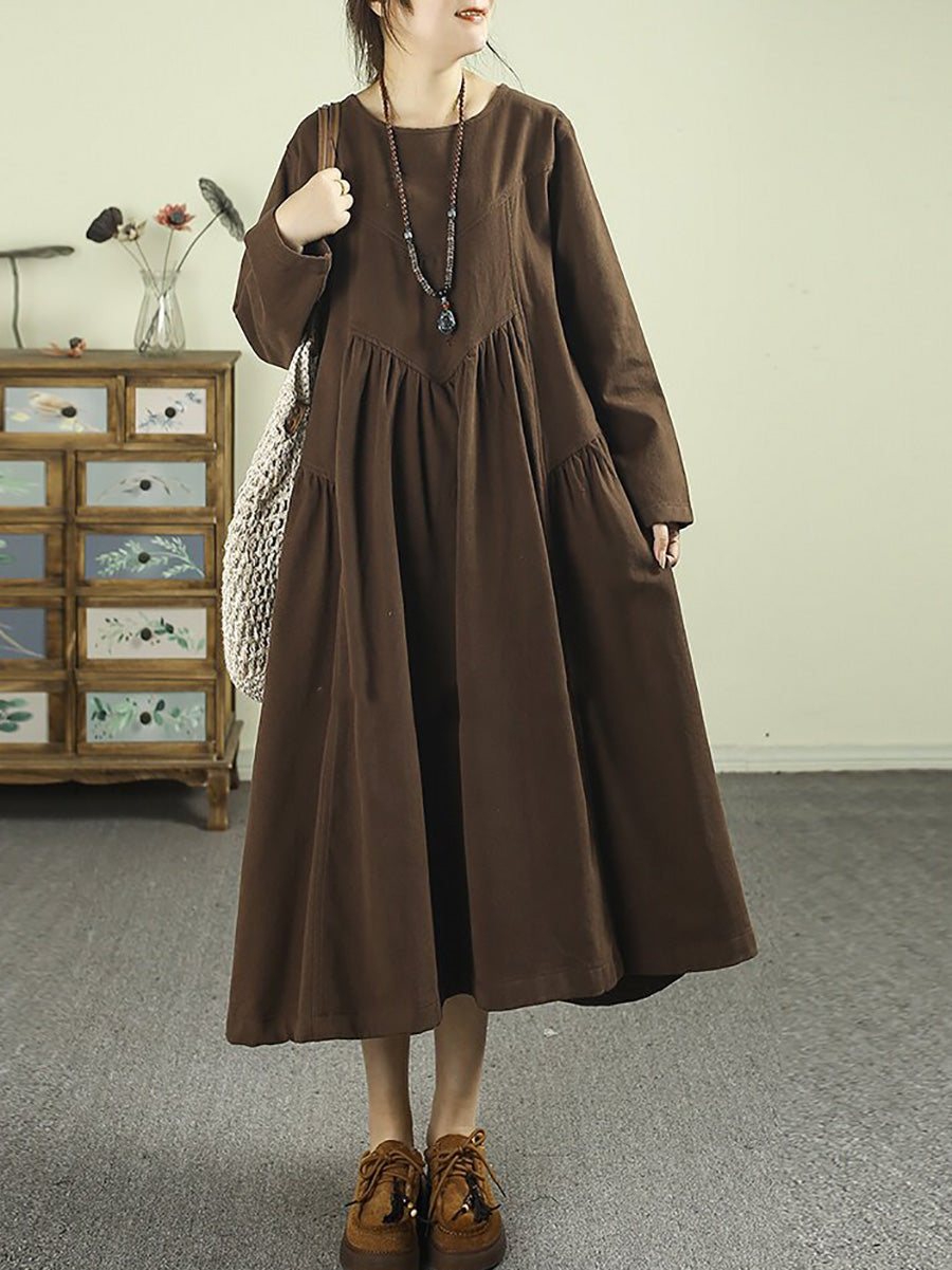 Women Literary Round Neck Gathered Midi Dress