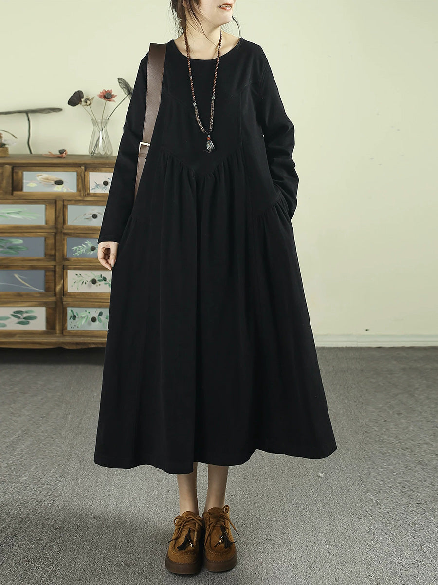 Women Literary Round Neck Gathered Midi Dress