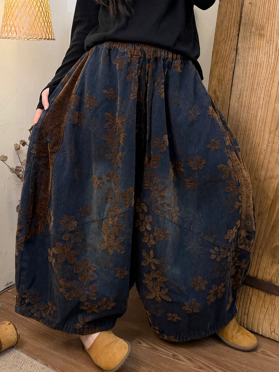 Plus Size Women Vintage Flocked Thickened Denim Lantern Pants