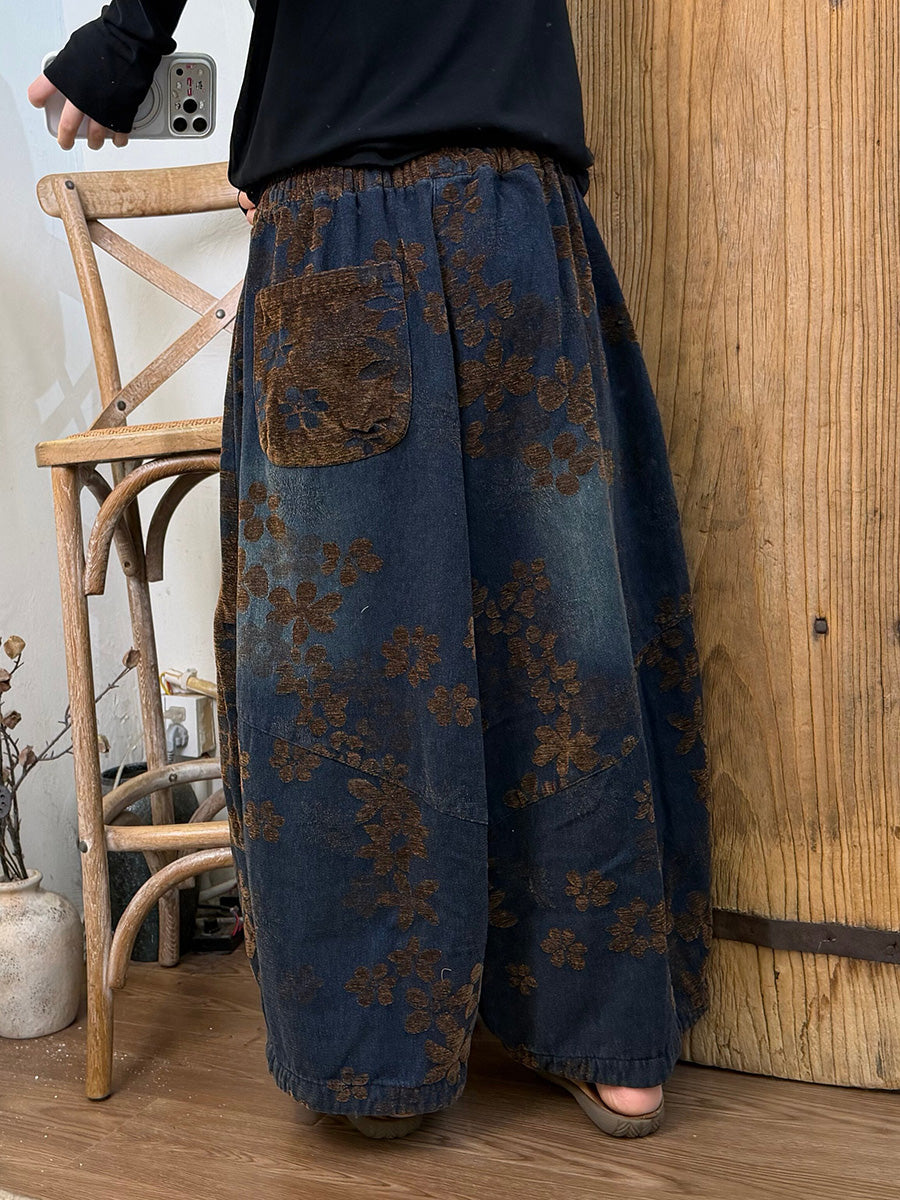 Plus Size Women Vintage Flocked Thickened Denim Lantern Pants