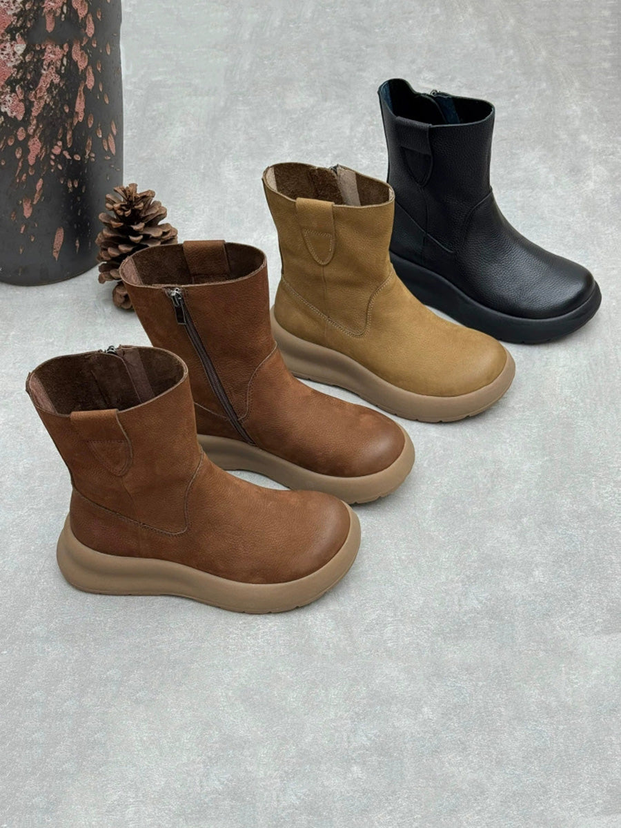 Women Fall Winter Genuine Leather Platform Casual Mid-Calf Boots