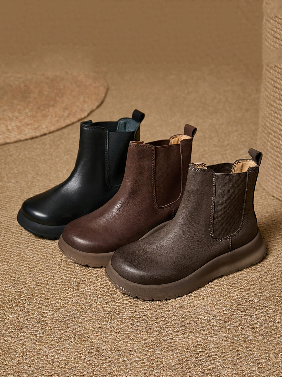 Women Autumn Winter Vintage Genuine Leather Platform Slip-On Chelsea Boots