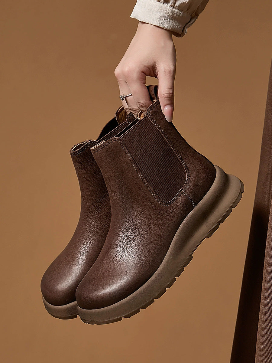 Women Autumn Winter Vintage Genuine Leather Platform Slip-On Chelsea Boots