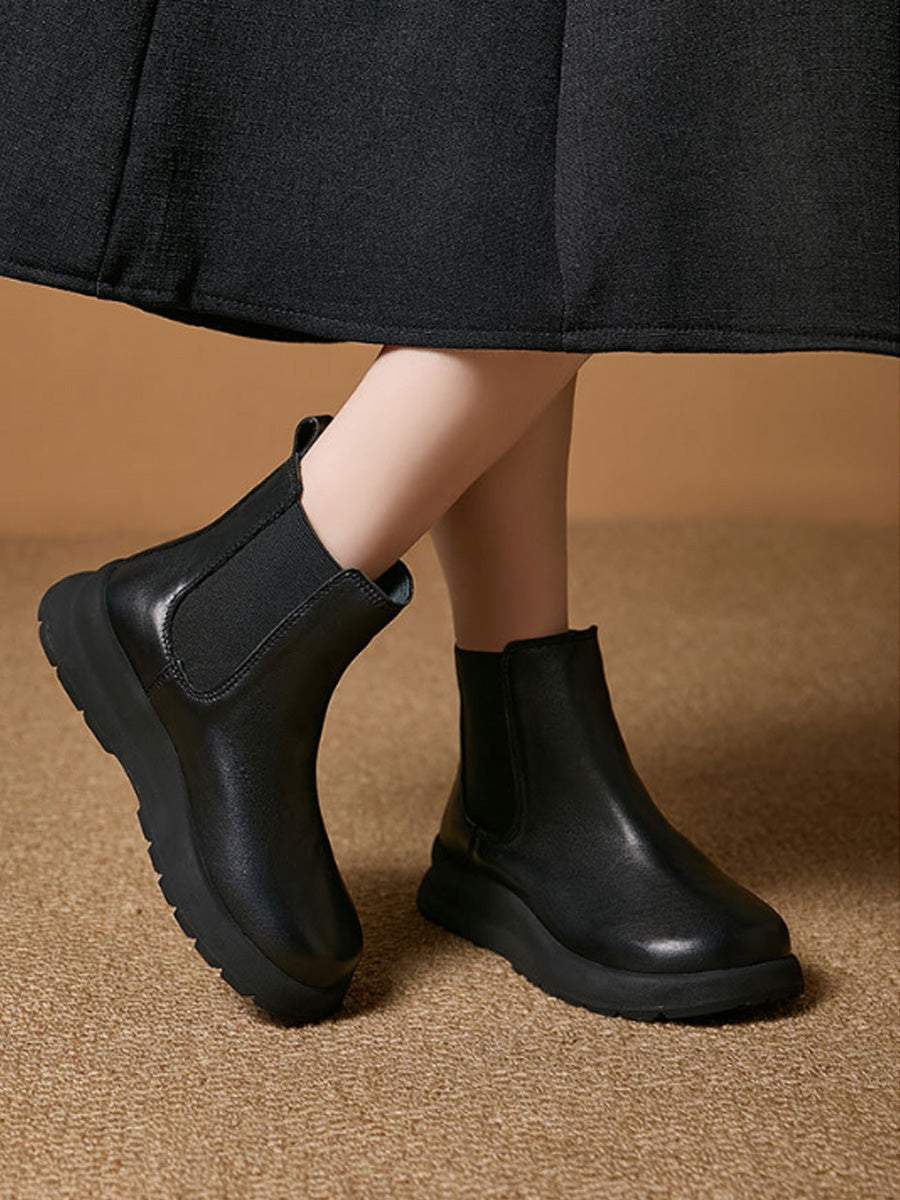 Women Autumn Winter Vintage Genuine Leather Platform Slip-On Chelsea Boots