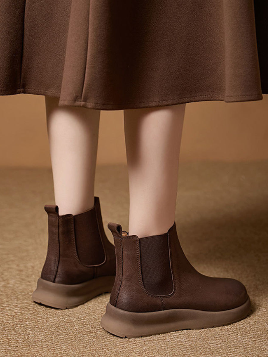 Women Autumn Winter Vintage Genuine Leather Platform Slip-On Chelsea Boots