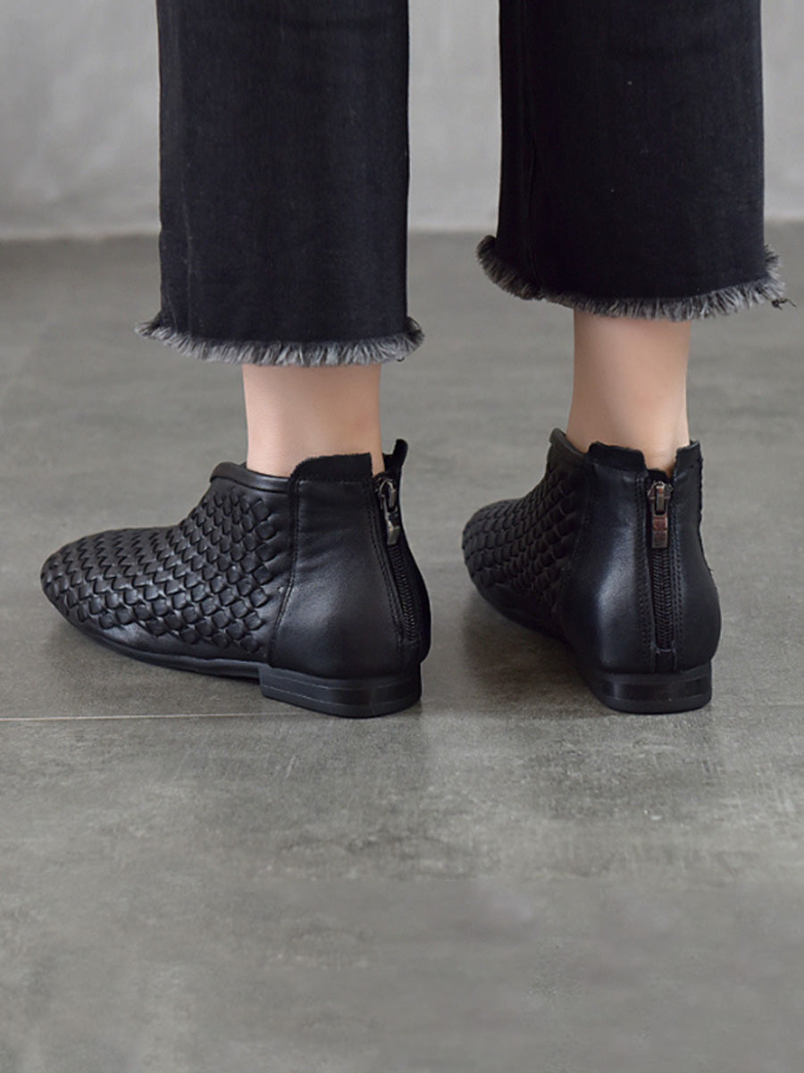 Women Fall Full-Grain Leather Handwoven V-Cut Soft Sole Ankle Boots
