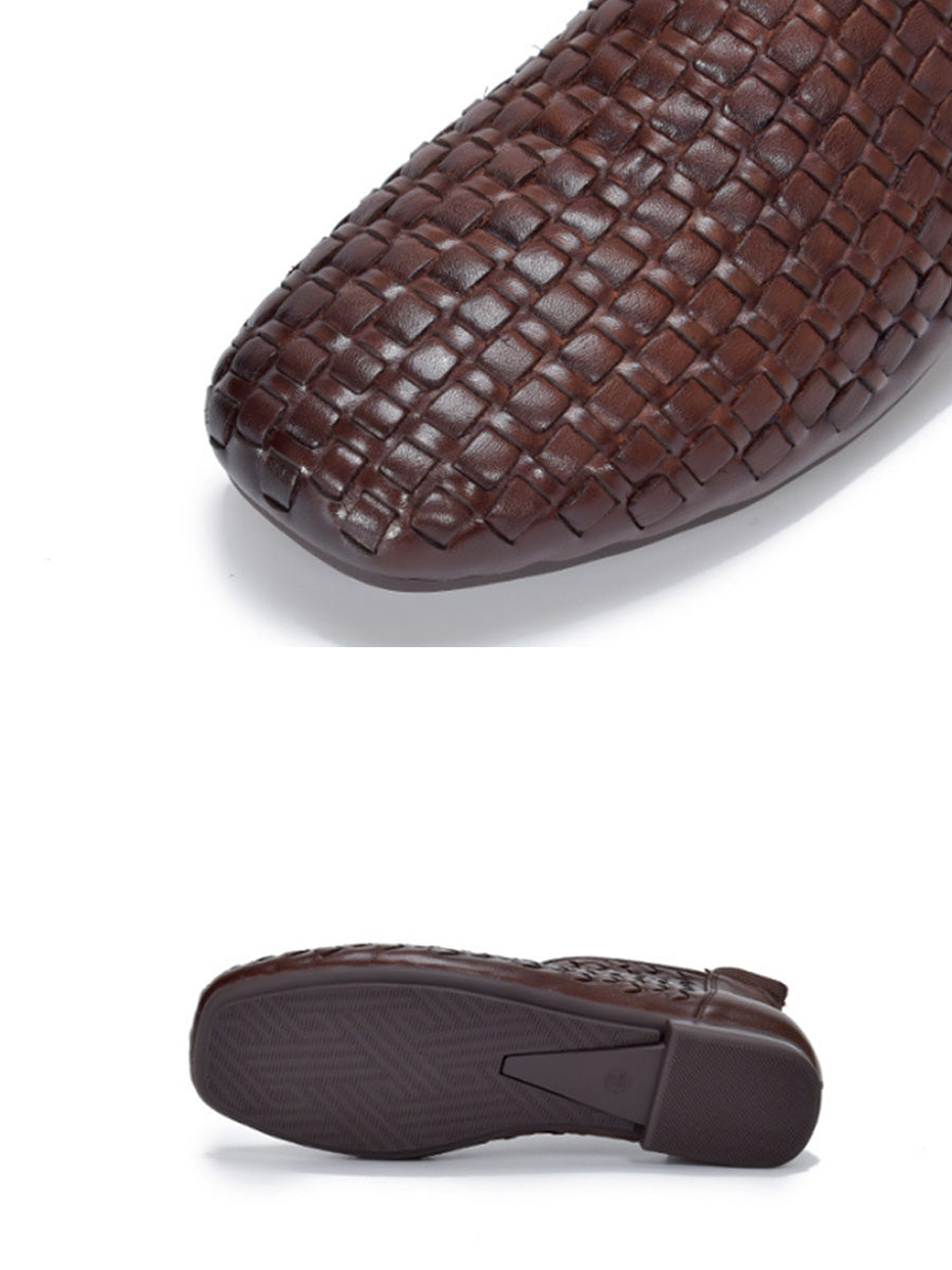 Women Fall Full-Grain Leather Handwoven V-Cut Soft Sole Ankle Boots