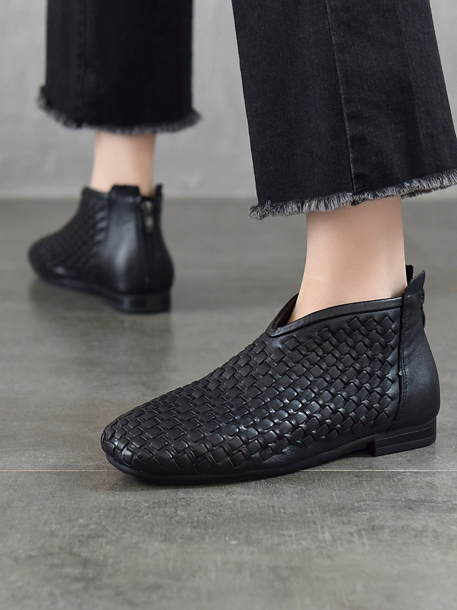 Women Fall Full-Grain Leather Handwoven V-Cut Soft Sole Ankle Boots