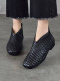 Women Fall Full-Grain Leather Handwoven V-Cut Soft Sole Ankle Boots