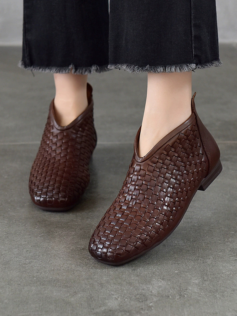 Women Fall Full-Grain Leather Handwoven V-Cut Soft Sole Ankle Boots