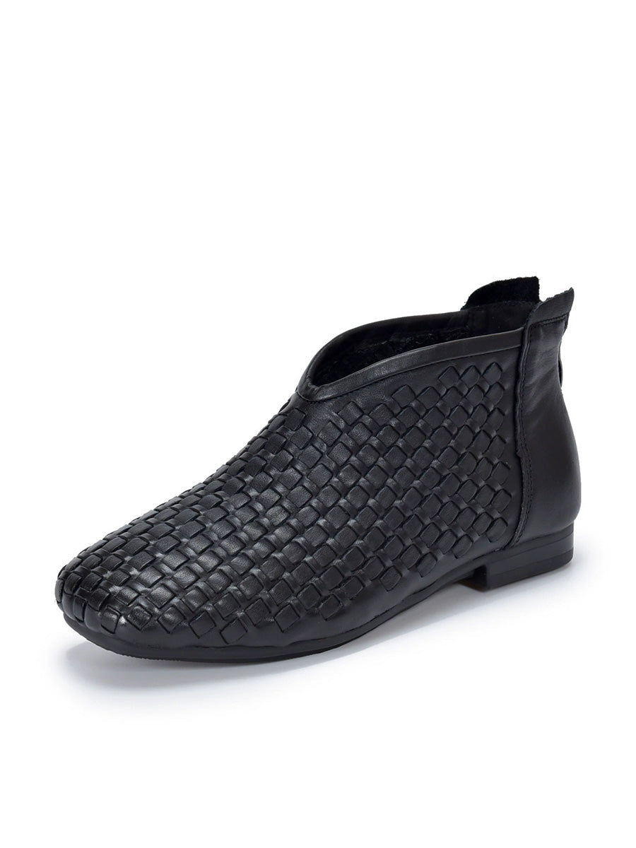 Women Fall Full-Grain Leather Handwoven V-Cut Soft Sole Ankle Boots