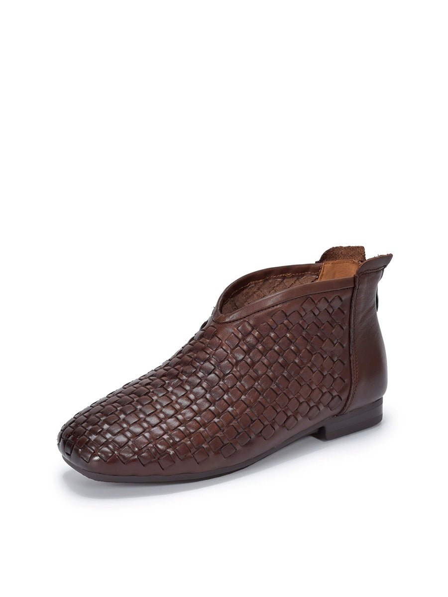Women Fall Full-Grain Leather Handwoven V-Cut Soft Sole Ankle Boots