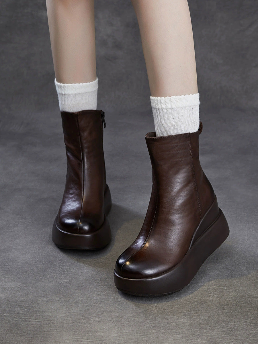 Women Soft Genuine Leather Platform Height-Boosting Boots