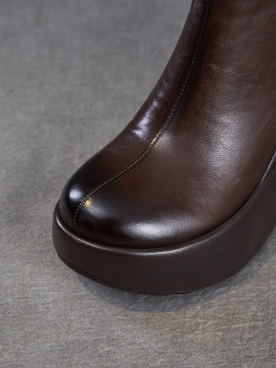 Women Soft Genuine Leather Platform Height-Boosting Boots