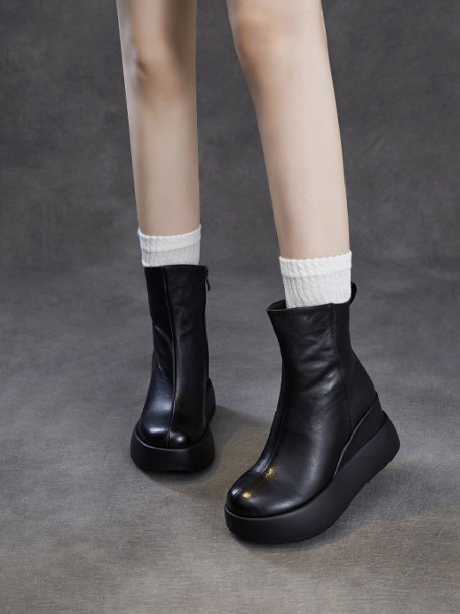 Women Soft Genuine Leather Platform Height-Boosting Boots