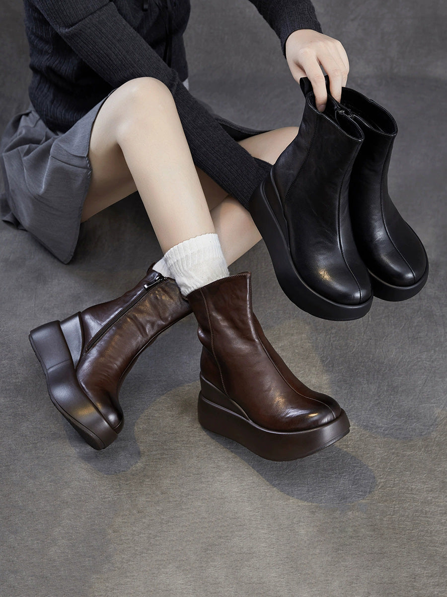 Women Soft Genuine Leather Platform Height-Boosting Boots
