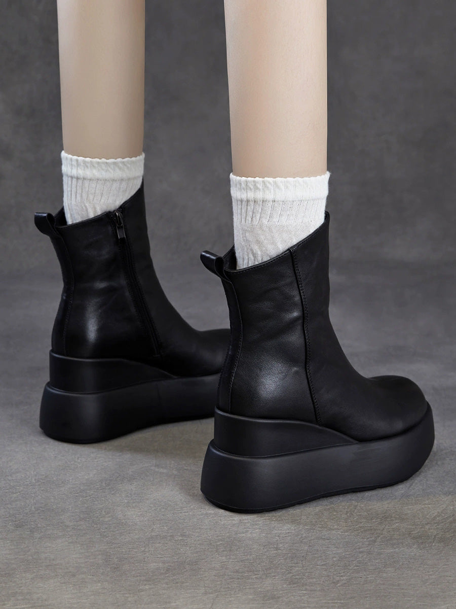 Women Soft Genuine Leather Platform Height-Boosting Boots