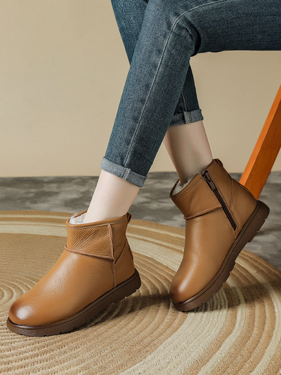Women Winter Full-Grain Leather Wool Fashion Snow Boots