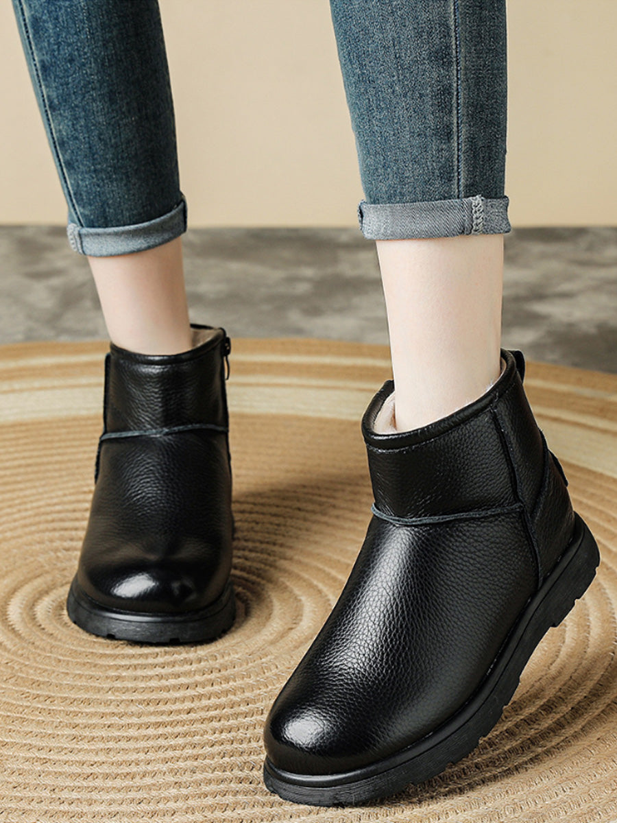 Women Winter Full-Grain Leather Wool Fashion Snow Boots