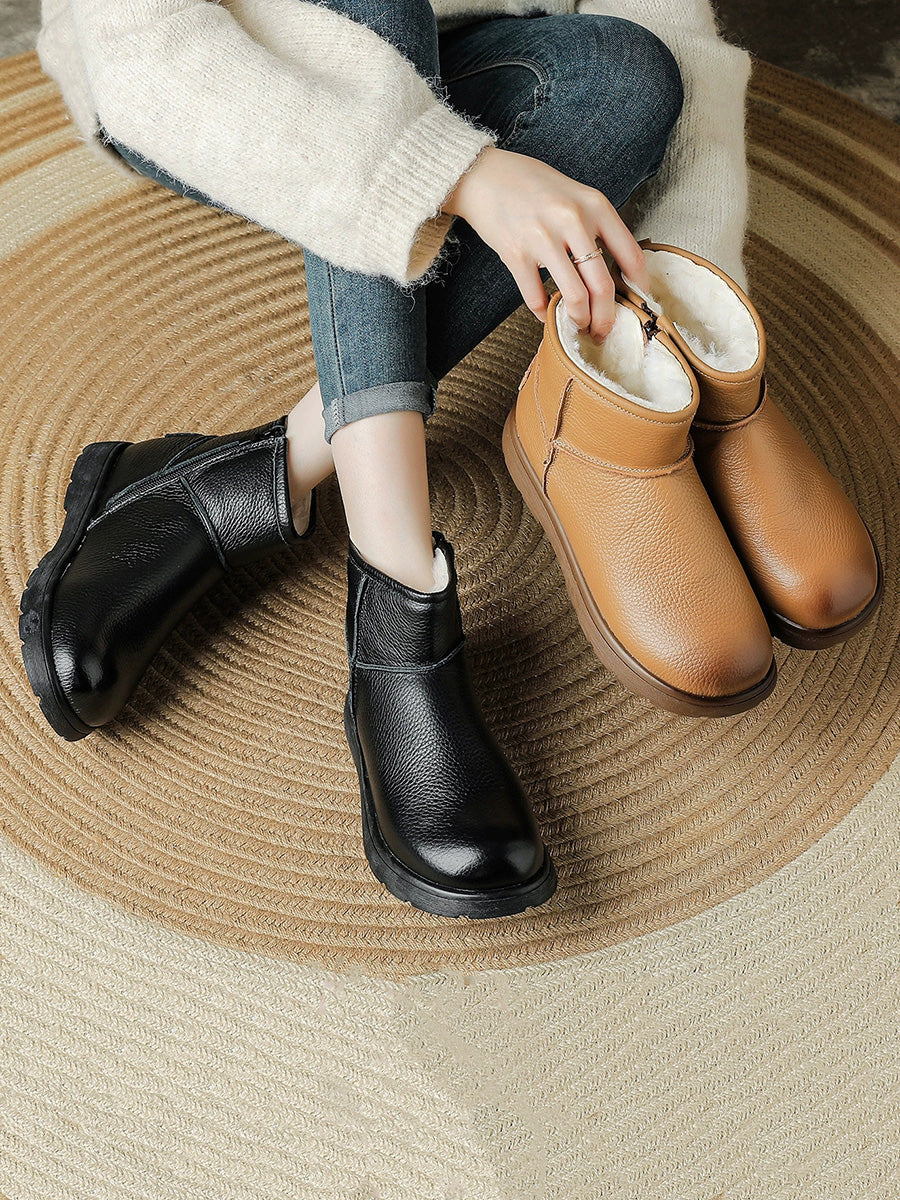 Women Winter Full-Grain Leather Wool Fashion Snow Boots