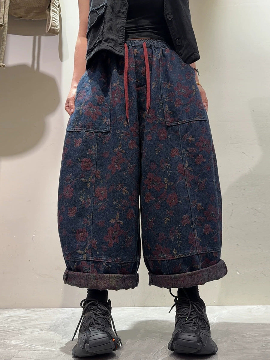 Women Vintage Floral Jacquard Denim Wide-Leg Pants