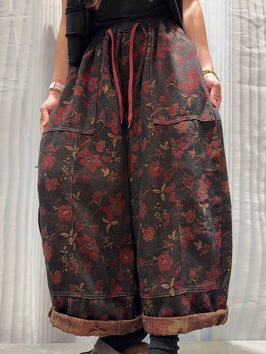 Women Vintage Floral Jacquard Denim Wide-Leg Pants