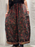 Women Vintage Floral Jacquard Denim Wide-Leg Pants