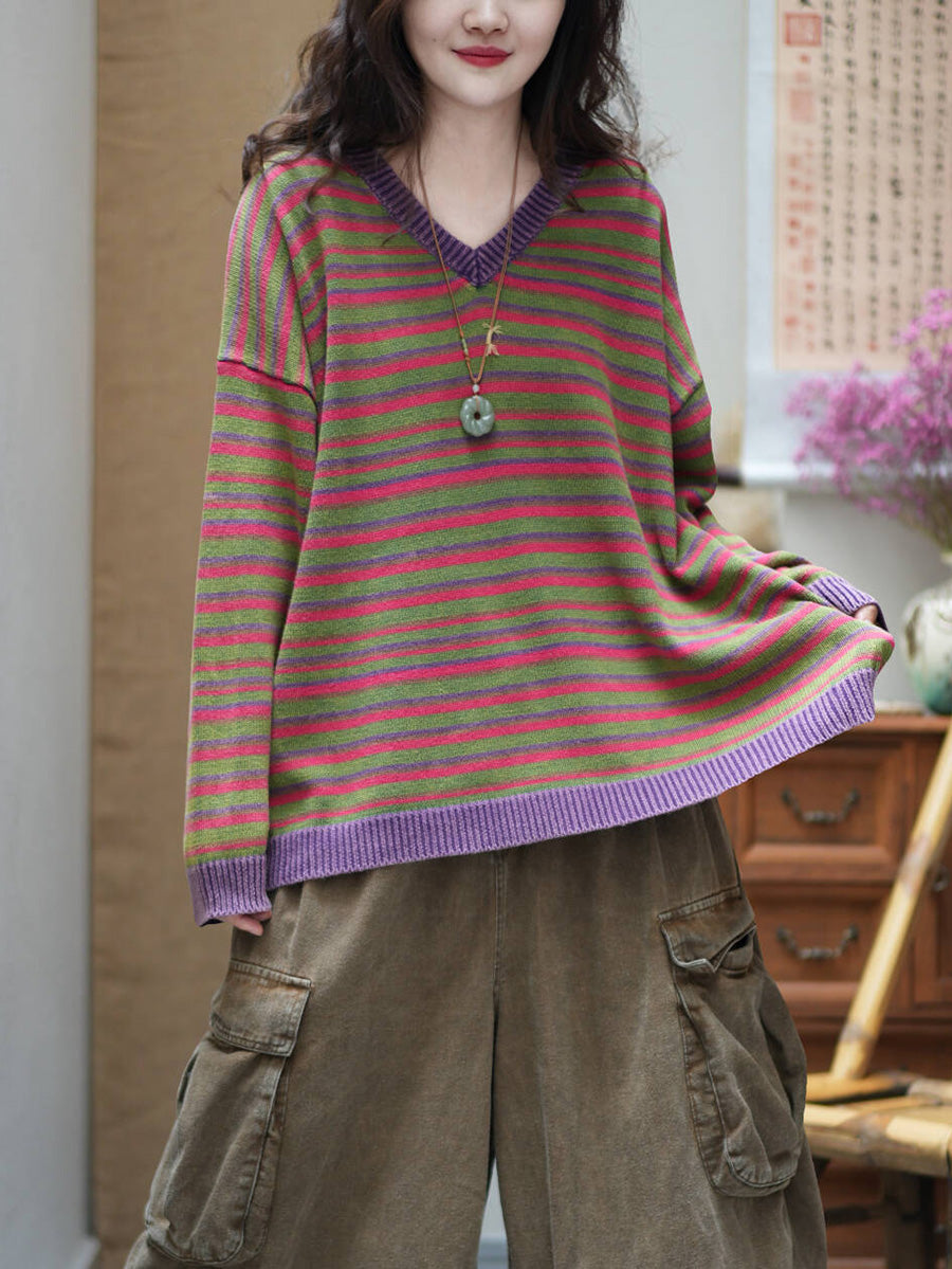 Women Vintage Striped V-neck Loose Knit Sweater