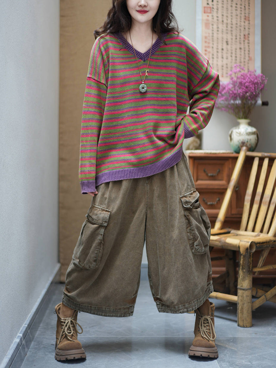 Women Vintage Striped V-neck Loose Knit Sweater