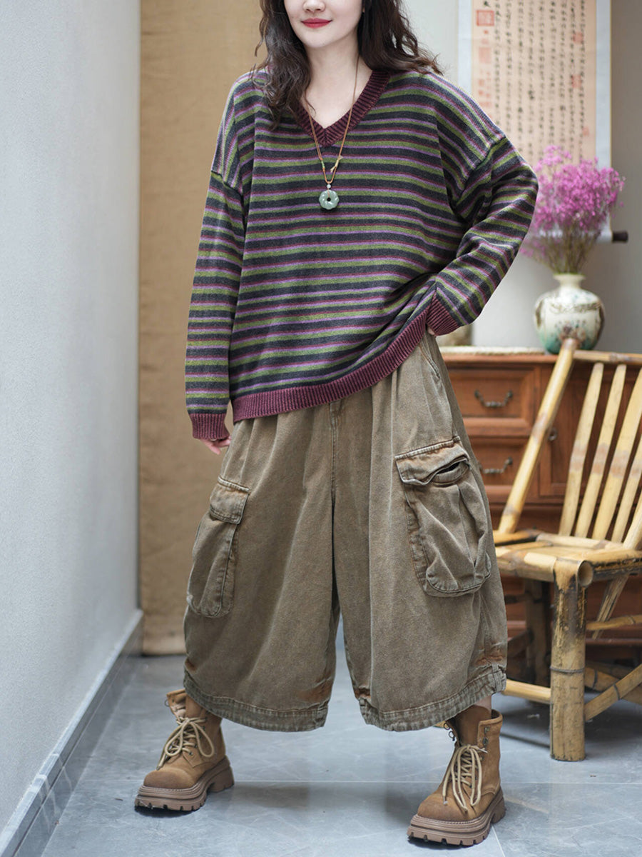Women Vintage Striped V-neck Loose Knit Sweater