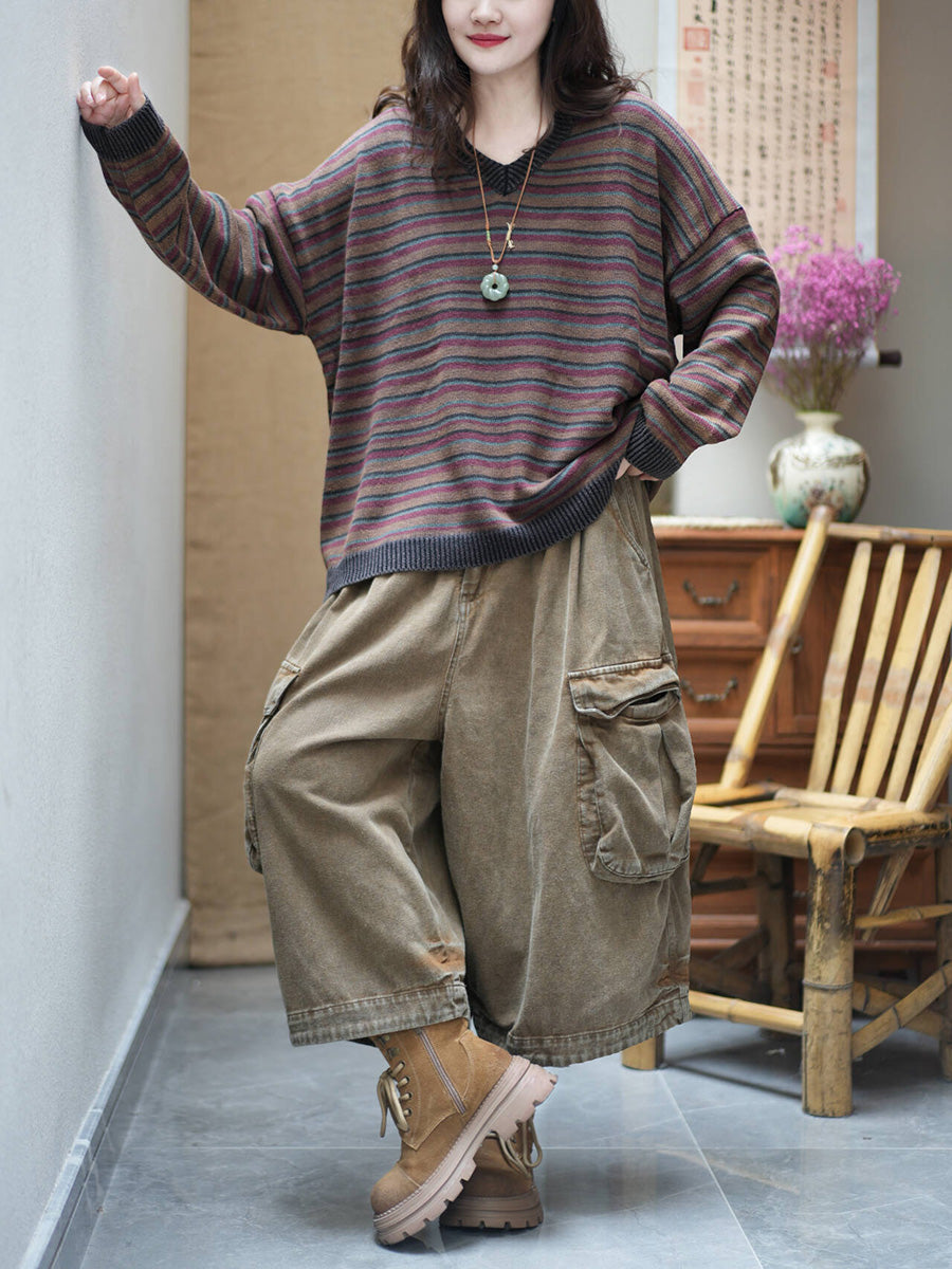 Women Vintage Striped V-neck Loose Knit Sweater