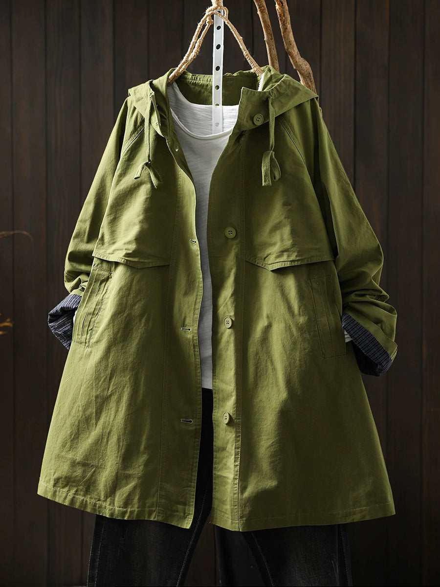 Women Casual Hooded Drawstring Mid-Long Utility Trench Coat