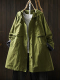 Women Casual Hooded Drawstring Mid-Long Utility Trench Coat