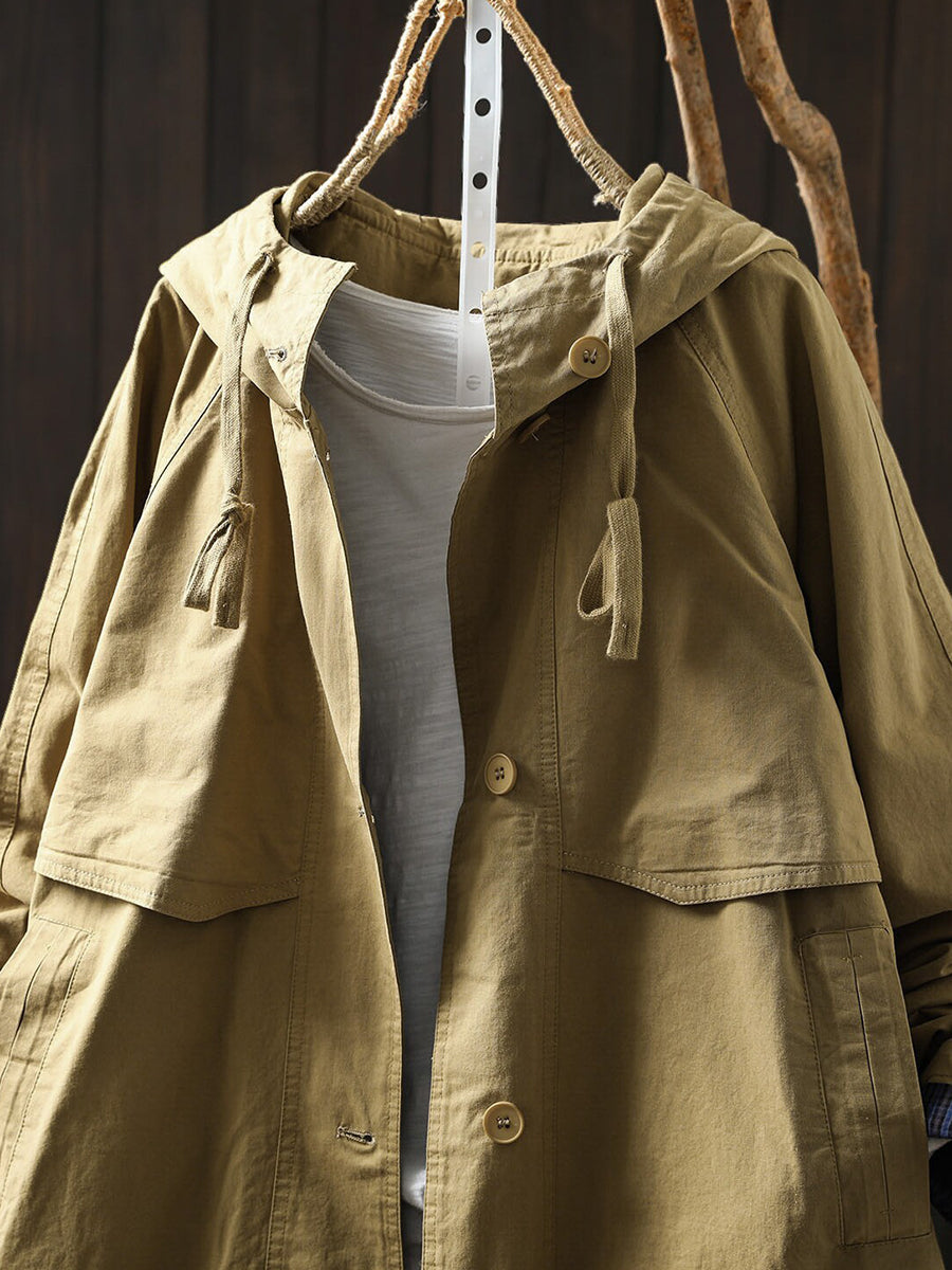 Women Casual Hooded Drawstring Mid-Long Utility Trench Coat