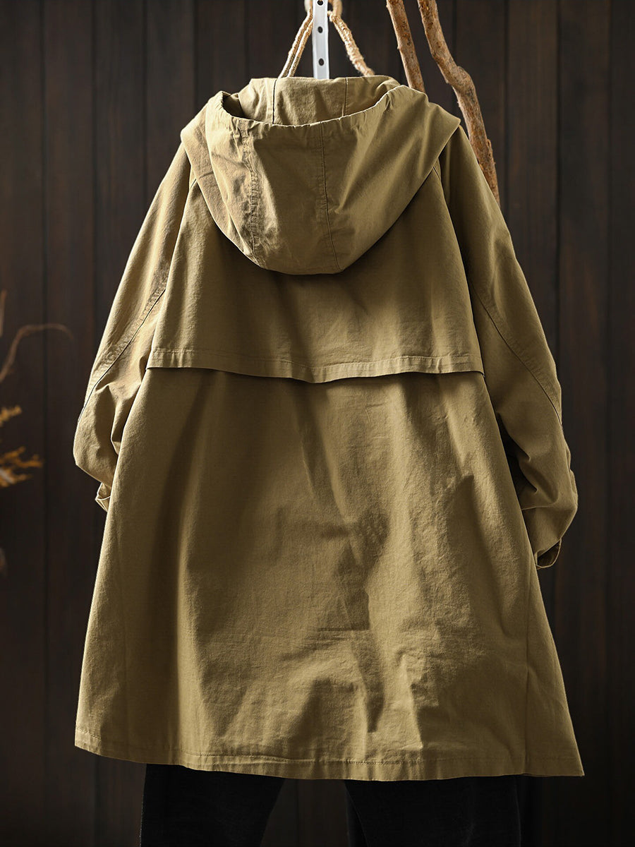 Women Casual Hooded Drawstring Mid-Long Utility Trench Coat