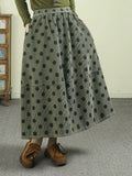 Women Vintage Polka-Dot Print Corduroy Midi A-Line Skirt