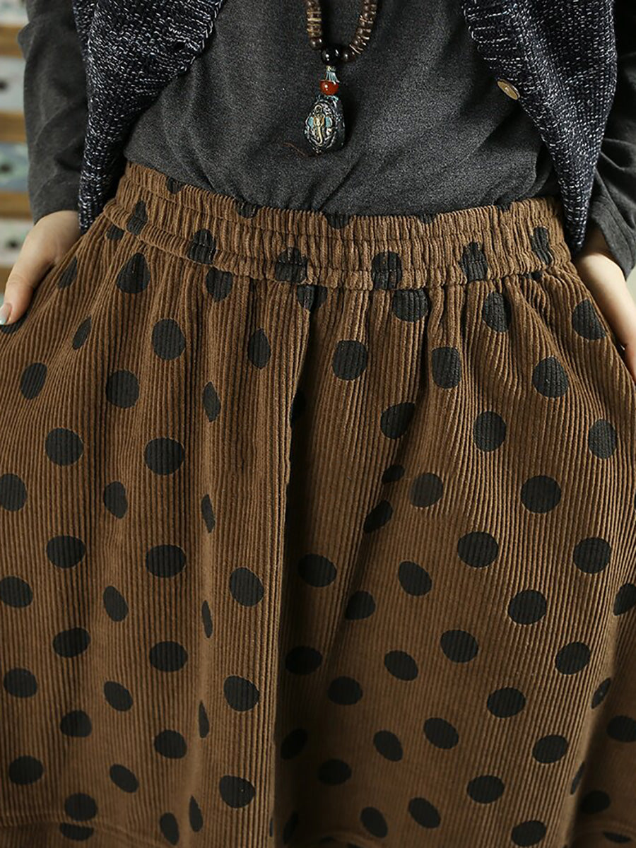 Women Vintage Polka-Dot Print Corduroy Midi A-Line Skirt