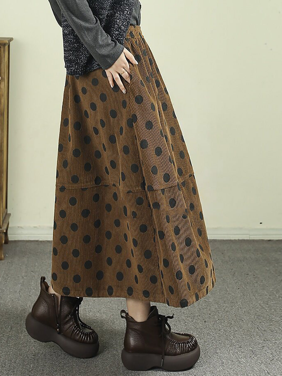 Women Vintage Polka-Dot Print Corduroy Midi A-Line Skirt