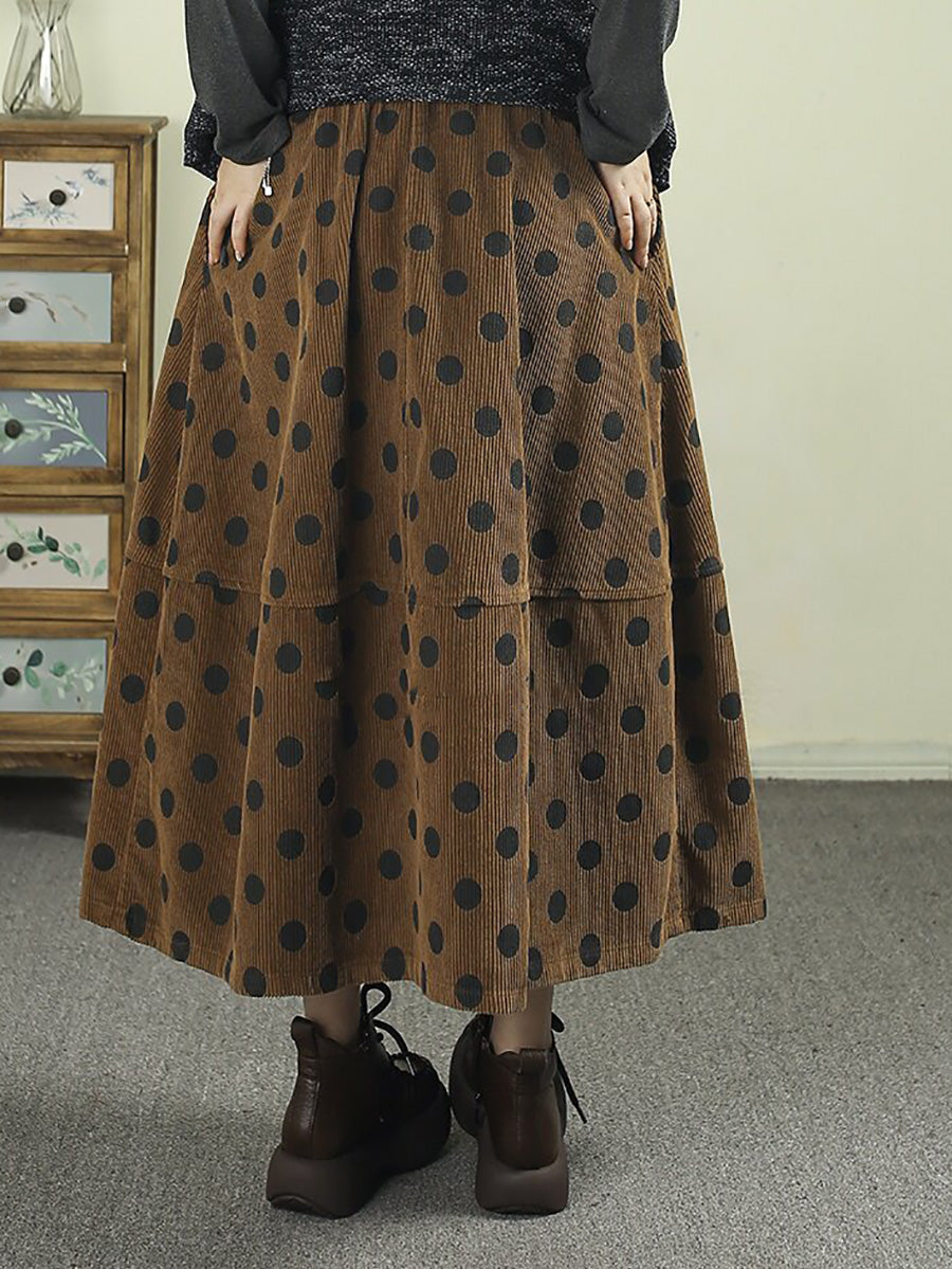 Women Vintage Polka-Dot Print Corduroy Midi A-Line Skirt