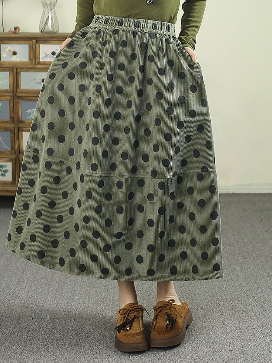 Women Vintage Polka-Dot Print Corduroy Midi A-Line Skirt