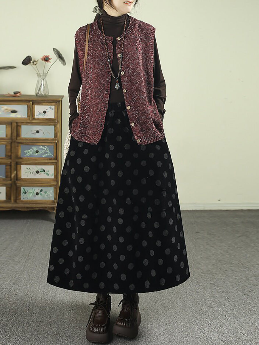 Women Vintage Polka-Dot Print Corduroy Midi A-Line Skirt